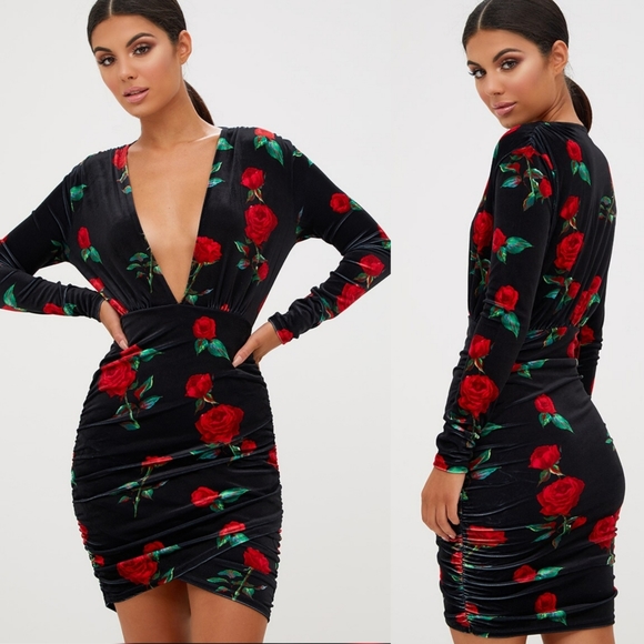 PrettyLittleThing Dresses & Skirts - Prettylittlething black velvet bodycon dress sz 8